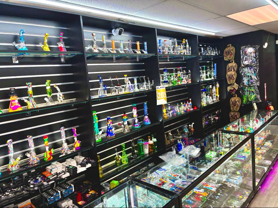 Glass pipes and water pipes wall at Best Puff Tobacco